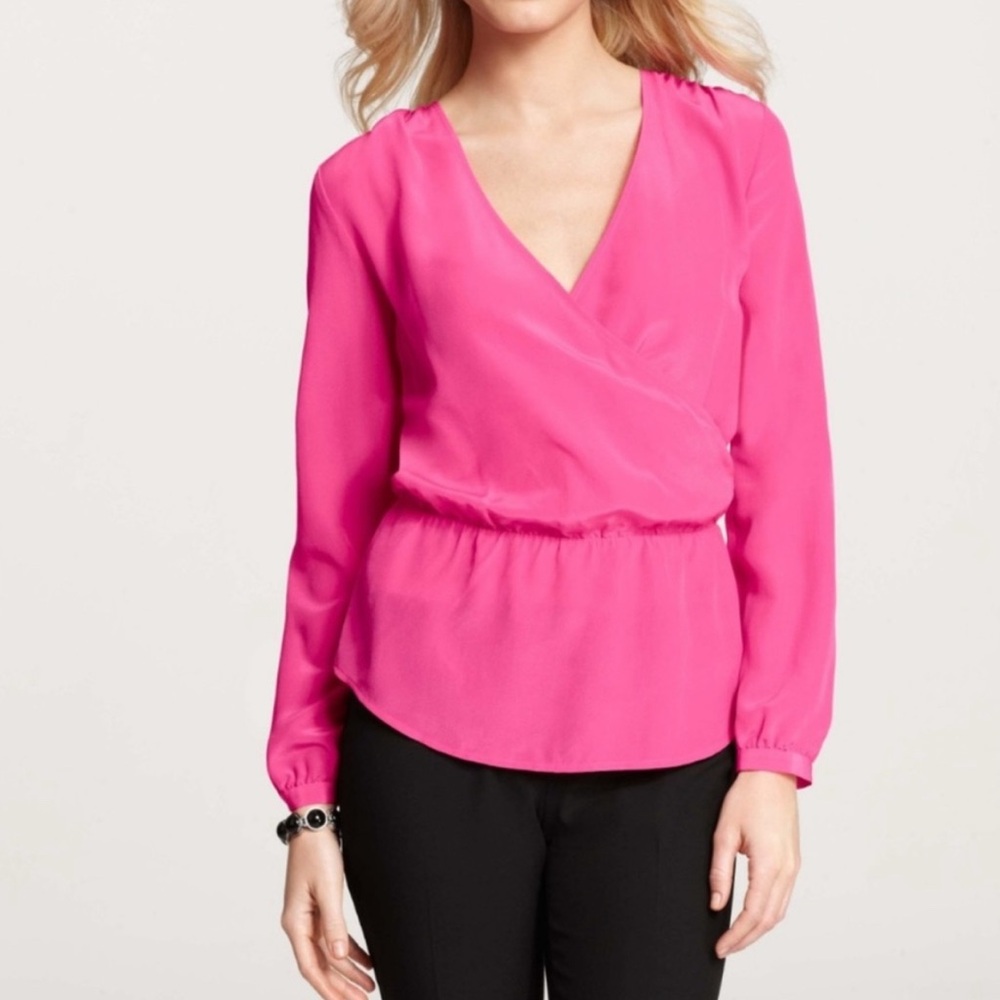 Ann Taylor Vibrant Pink Wrap Silk Blouse